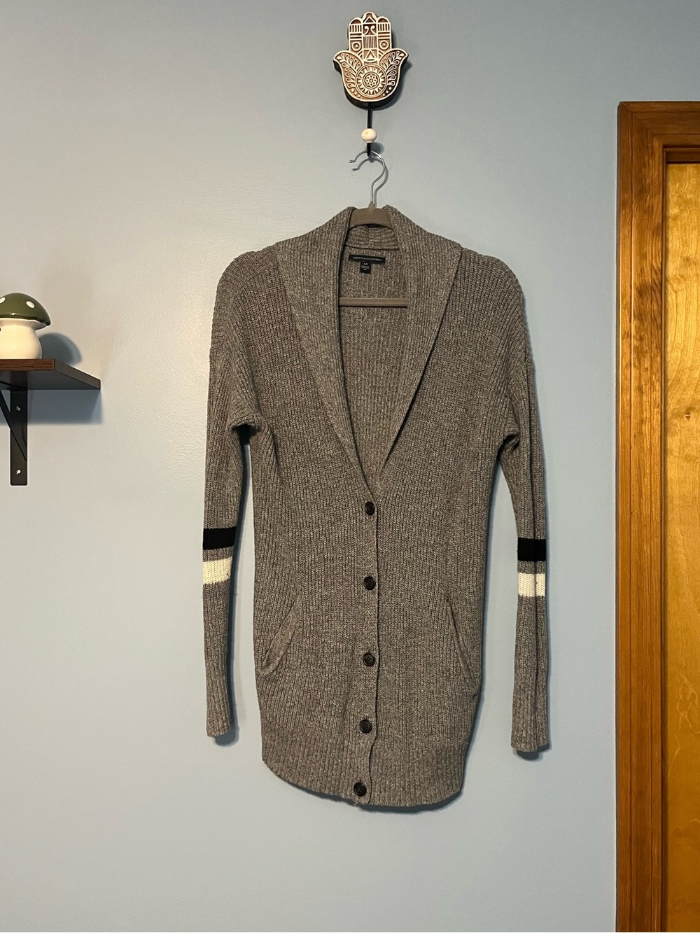 American Eagle Outfitters Ribbed Shawl Collar Varsity Stripe Cardigan
